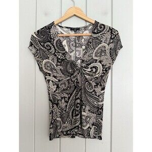 Etro Signature Paisley Knit Top 40 XS Black White Twist Front Short Sleeves V